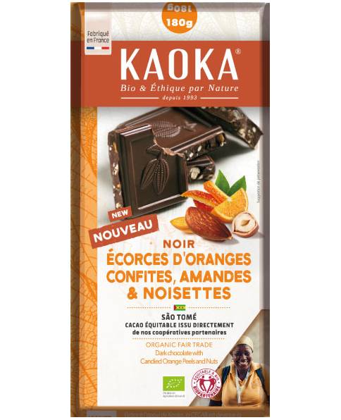 Tablette Gourmande Noir Écorces D'Orange Confites, Amandes et Noisettes 180g