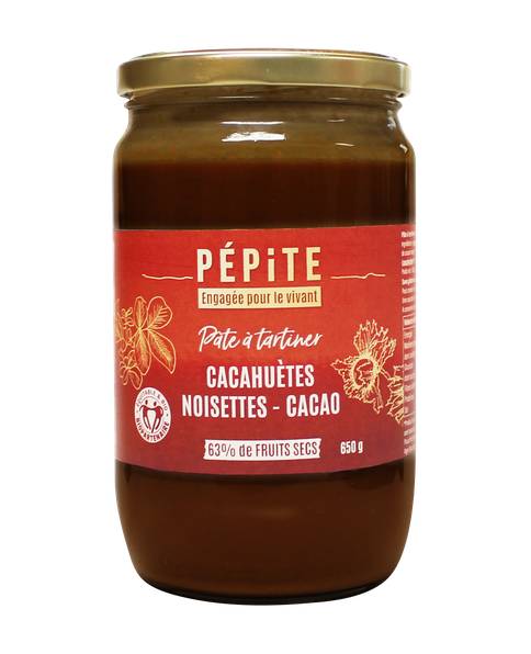 Pâte à tartiner cacahuètes, noisettes et cacao